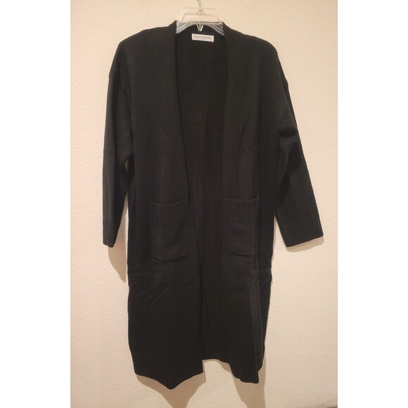 New wo Tag Madisonne Long LineOpen Cardigan Sweater Women's Large Black Pockets - Picture 1 of 9